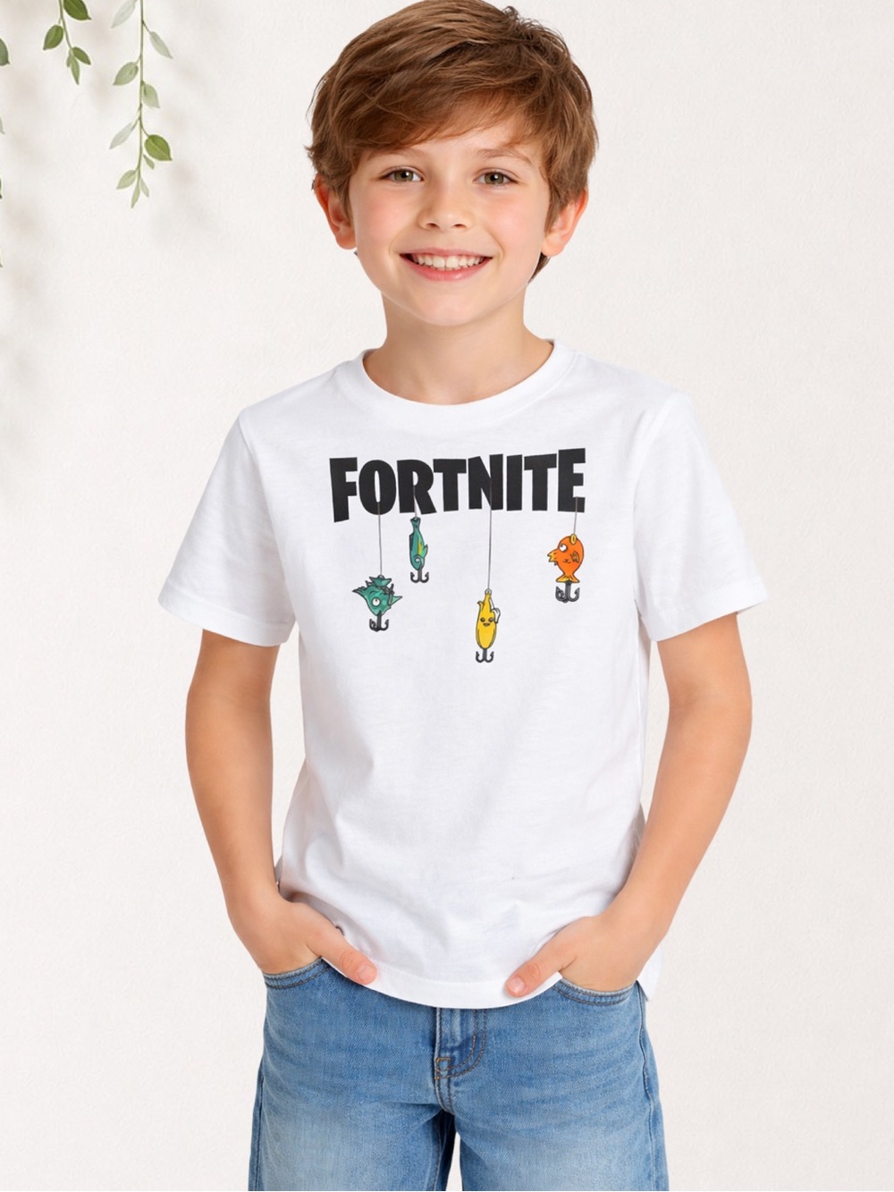 Fortnite Graphic T-Shirt Boys Size M (8) White Gaming Tee Fish Hooks